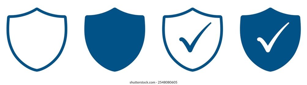 Escudo azul com marca de seleção ícone vetor definido. Proteção de escudo de segurança, conceito de produto aprovado e confiável. Ilustração vetorial
