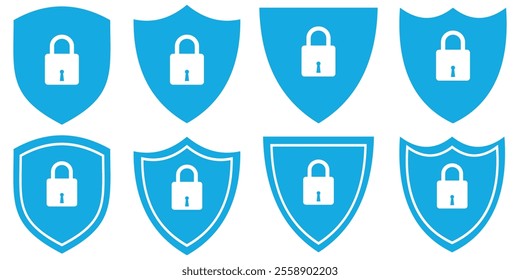Blue shield with check mark icon vector set. Security shield protection, approved and trusted product concept. Vector illustration. 
