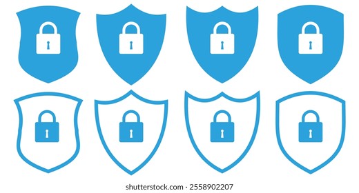 Blue shield with check mark icon vector set. Security shield protection, approved and trusted product concept. Vector illustration. 