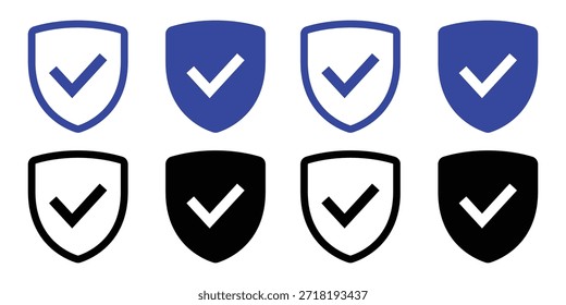 Blauer Schild mit Häkchen-Symbol-Set, flache Vektorgrafik von Sicherheitsschutzsymbolen in blauen und schwarzen Farben für die Datensicherheit, Datenschutzrichtlinie und verifizierte Garantie einzeln auf weißem Hintergrund.