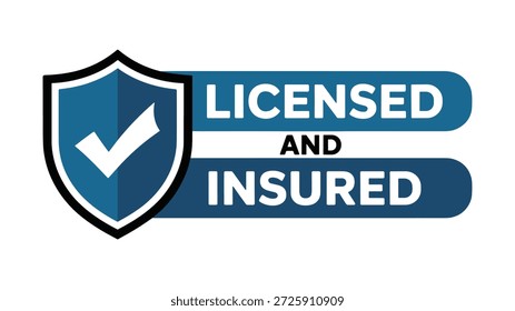 Escudo azul con marca de verificación y garantía de seguro de texto con licencia y asegurado