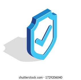 Blue Shield With Check Mark Tick Vector 3d Isometric Vector Illustration Isolated On White, Data Protection, Cyber Security, Internet Antivirus Concept.