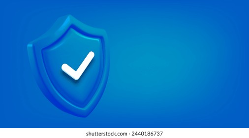 Blue shield with checkmark. 3d vector banner with copy space
