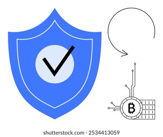 Blue shield with checkmark, a circular arrow, and a cryptocurrency icon connected to circuitry. Ideal for digital security, blockchain technology, cryptocurrency, cybersecurity, and technology