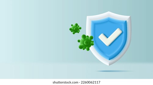 Blue shield with a checkmark, reflects green bacteria. Banner for protection against viruses, bacteria, pandemics. Immunology in medical facilities.