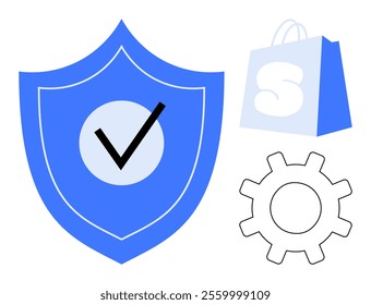 A blue shield with a checkmark, a blue shopping bag with an S, and a white gear icon. Ideal for security, e-commerce, technology, online shopping, and protection themes. Simple clean style