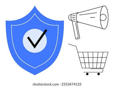 A blue shield with a checkmark signifies security. A megaphone indicates communication, and a shopping cart represents e-commerce. Ideal for online security, marketing, shopping, advertising