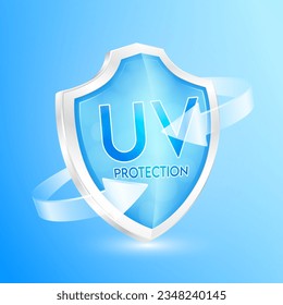 Blue shield and clear glass arrows transparent UV protection ultraviolet your skin. Products design cream skin care. Sunscreen concept. Icon 3D vector illustration.