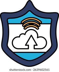 A blue shield with a cloud and an arrow pointing upwards. The shield is meant to represent protection and security