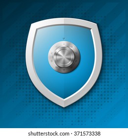 Blue shield with Combination Lock isolated on white background. Security vector sign