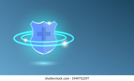 Escudo azul con una cruz. Círculos cian brillantes con resúmenes radiantes brillantes