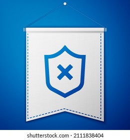 Blue Shield with cross mark icon isolated on blue background. Shield and rejected. Notice of refusal. White pennant template. Vector