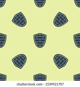 Blue Shield with cyber security brick wall icon isolated seamless pattern on yellow background. Data protection symbol. Firewall logo. Network protection.  Vector Illustration