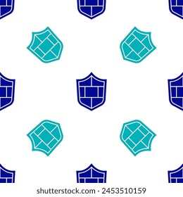 Blue Shield with cyber security brick wall icon isolated seamless pattern on white background. Data protection symbol. Firewall. Network protection.  Vector