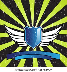 Blue shield design with wings on an interesting background with grunge