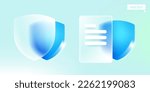Blue shield and document. Web site protection icon in glassmorphism style with gradient, blur, and transparency. Vector illustration for defense app, antivirus identity, safe banner, firewall design.