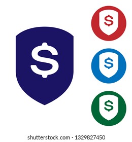 Blue Shield and dollar icon isolated on white background. Security shield protection. Money security concept. Set color icon in circle buttons. Vector Illustration