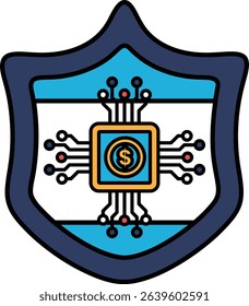 A blue shield with a dollar sign in the middle. The shield is made of metal and has a lot of wires and circuits