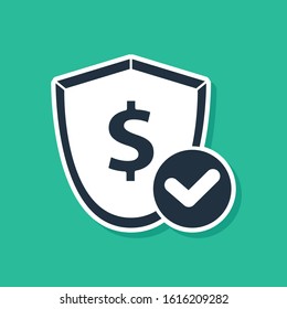 Blue Shield with dollar symbol icon isolated on green background. Security shield protection. Money security concept.  Vector Illustration