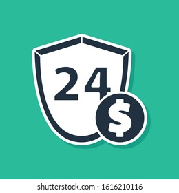 Blue Shield with dollar symbol icon isolated on green background. Security shield protection. Money security concept.  Vector Illustration