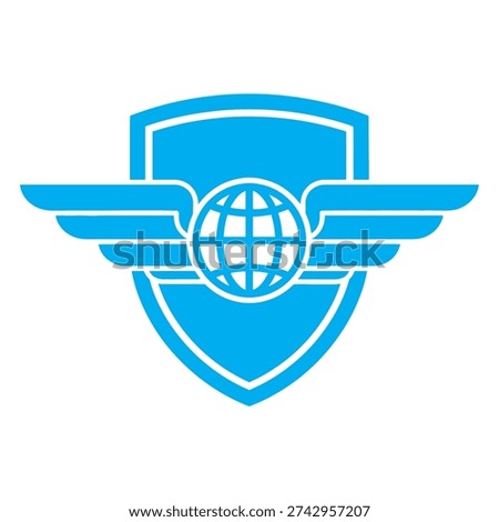 A blue shield emblem featuring a globe and wings symbol