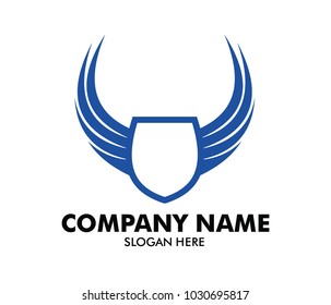 blue shield emblem with wing vector logo design