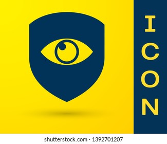 Blue Shield and eye icon isolated on yellow background. Security, safety, protection, privacy concept. Vector Illustration