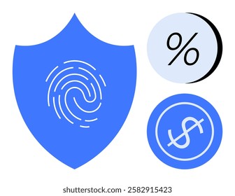 Blue shield with fingerprint alongside percentage and dollar symbols in grey circles. Ideal for financial security, biometrics, fintech, cybersecurity, banking, savings, fundraising. Line metaphor