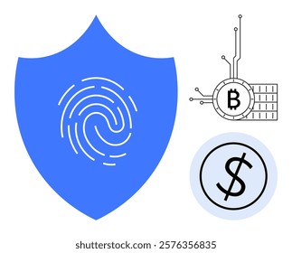 Blue shield with fingerprint in the center, digital representation of Bitcoin, and dollar sign in circle. Ideal for cybersecurity, digital identity, online transactions, blockchain technology