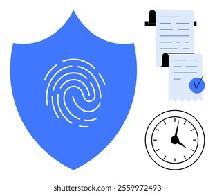 A blue shield with a fingerprint, documents with checkmarks, and a clock. Ideal for cyber security, authentication, time management, data protection, and regulatory compliance themes. Minimalist