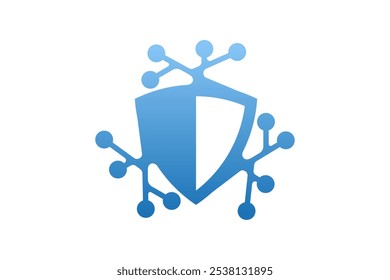 Blue shield with four connecting branches, representing unity and protection. Suitable for security, technology, networking, and teamwork concepts.