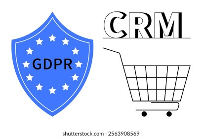 Blue shield with GDPR initials beside CRM and shopping cart icon. Ideal for data privacy online security customer relationship management e-commerce compliance