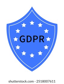 Blue shield with GDPR text in black and 12 white stars arranged in a circle. Ideal for data protection, privacy, compliance, regulation themes, and European Union graphics.