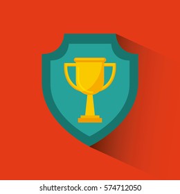 blue shield with gold trophy icon over red background. colorful design. vector illustration