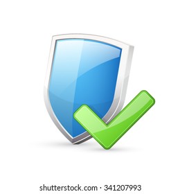 Blue shield and green check mark