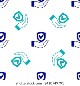 Blue Shield in hand icon isolated seamless pattern on white background. Insurance concept. Guard sign. Security, safety, protection, privacy concept.  Vector