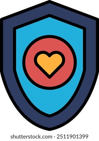 A blue shield with a heart in the center. The heart is red and yellow. The shield is meant to represent protection and love