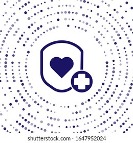 Blue Shield and heart rate icon isolated on white background. Health protection concept. Health care. Abstract circle random dots. Vector Illustration