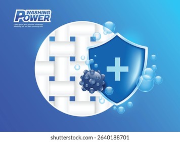 The blue shield hits dirt or germs stuck on the fabric fibers to remove the stains, vector 3d illustration on blue background for designing a bleach advertisement