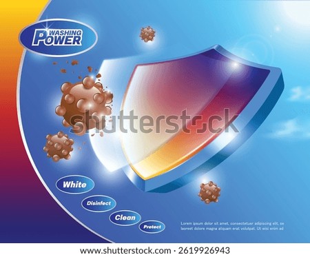 Blue shield hitting germs or dirt to protect or remove, template for designing advertisement for product about cleaning clothes or cleaning dirt, vector 3d isolated for advertising design
