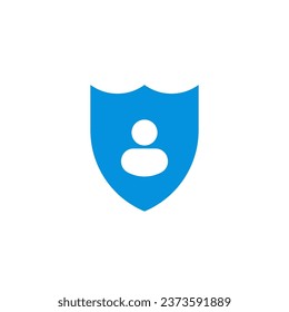Blue shield with human figure icon. Abstract symbol of security system and protection of user data and guardianship vector life