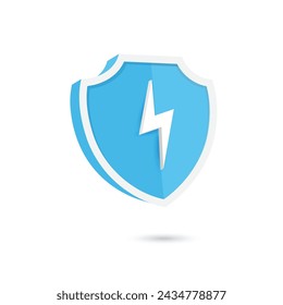 Blue shield icon design with flash sign as sign of power. Vector illustration.	