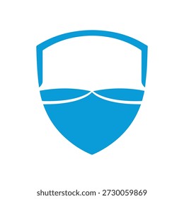 Icono de escudo azul con silueta de máscara facial sobre fondo blanco