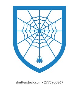A blue shield icon featuring a detailed spider web and a small hanging spider. This security symbol represents digital defense, web safety, malware protection, and tech.