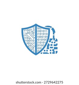 Blaues Schild-Symbol mit digitalem binärem Datenstrom und integriertem Schaltungsdesign, das fortschrittliche Cyber-Abwehr symbolisiert