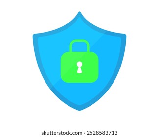 Ícone de escudo azul com cadeado verde isolado no fundo branco. Crachá. Ilustração de vetor