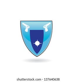 blue shield icon with gun. vector illustration.