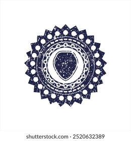 Blue shield icon inside distress rubber grunge stamp. 