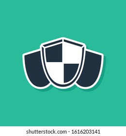 Blue Shield icon isolated on green background. Guard sign. Security, safety, protection, privacy concept.  Vector Illustration