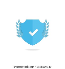 Icono del escudo azul con corona de laurel. Ilustración vectorial.